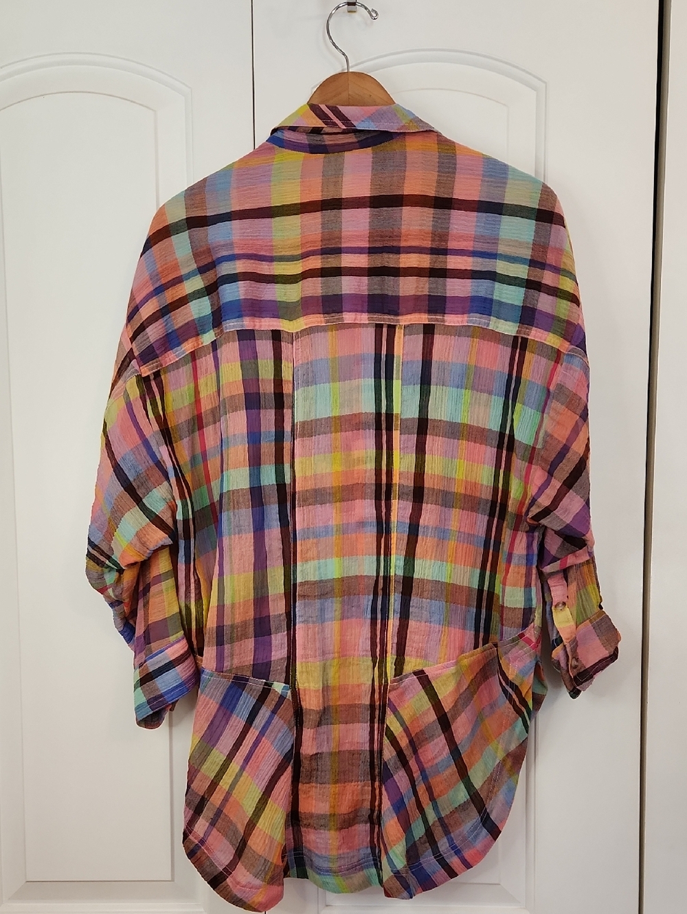 Pilcro Long-Sleeve Mixed Madras Plaid Oversized Buttondown Shirt Size XL Petite - Picture 7 of 11